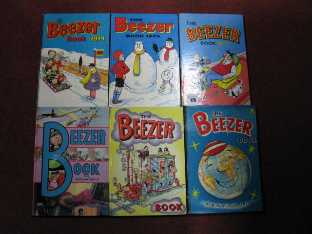Six Beezer Comic Annuals 1961-63 and 1972-74, in fair condition, with rare Funny Face sticker sheet