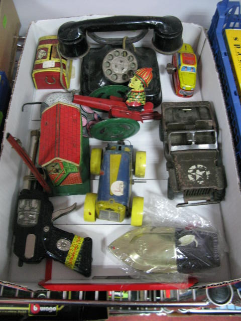 Ten Mid XX Century Tin Toys, including Triang jeep, put put boat, Mettoy tractor, railcar, signal