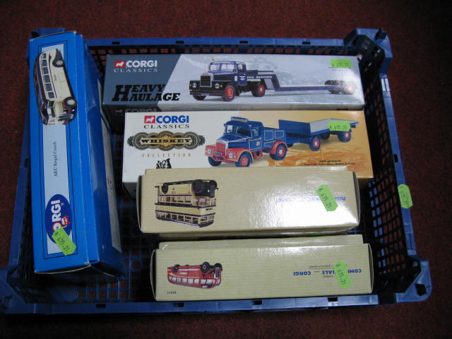 Three Corgi Classic Buses: Bartons Leyland Tiger, Oxford AEC Regal, Sheffield Daimler and two Corgi