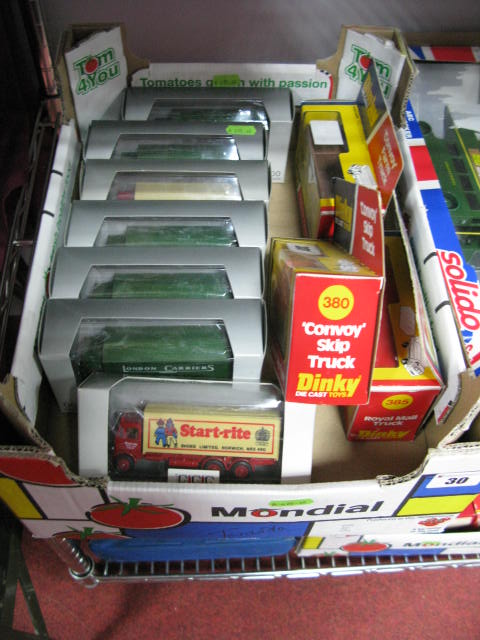 Three Dinky ""Convoy"" Trucks (mail, farm skip), boxed, along with seven EFE AEC Mammoths, boxed.