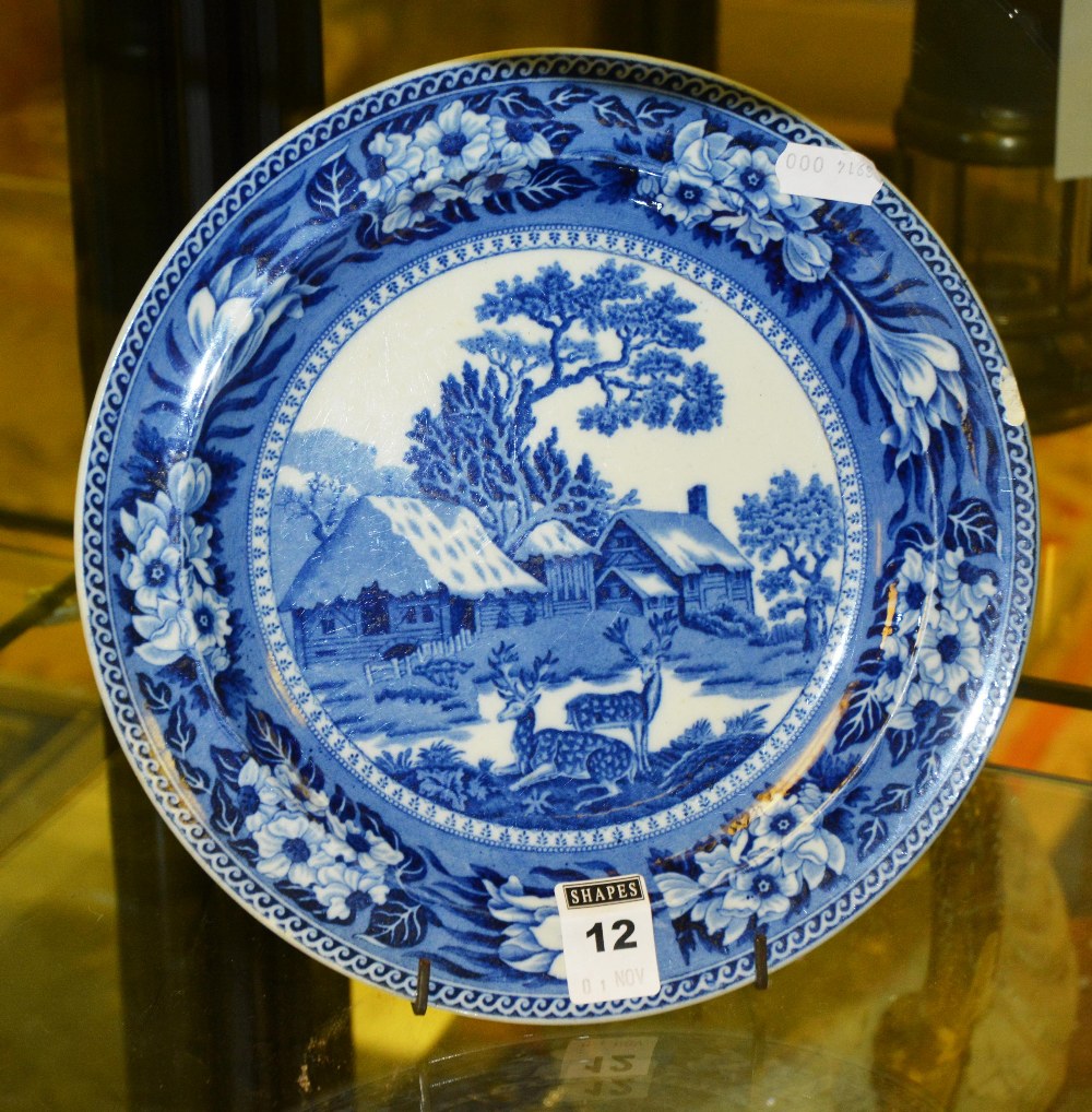 A George Jones blue and white Abby 1790 footed bowl, circa 1920, including fallow deer plate by