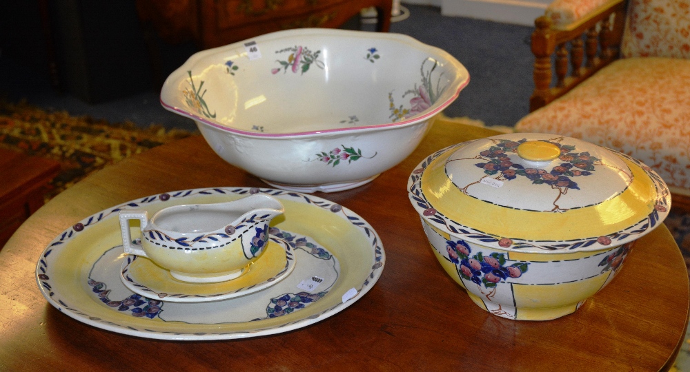 A collection of Pilmuir Pottery, 1922, in the Art Deco pattern, including a bowl and cover,