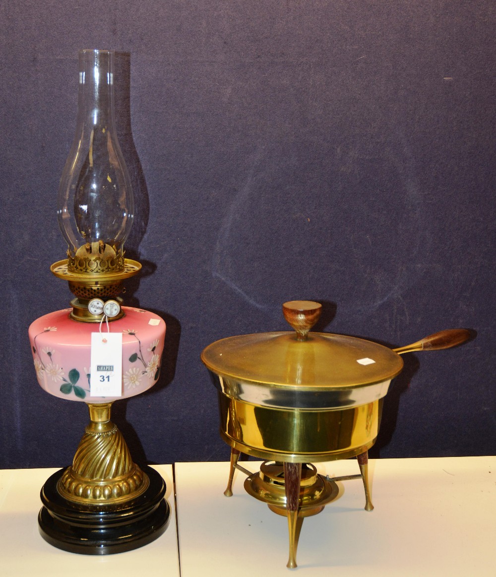 A French Duplex paraffin lamp, with glass shade, pink bowl decorated with flowers, on brass column