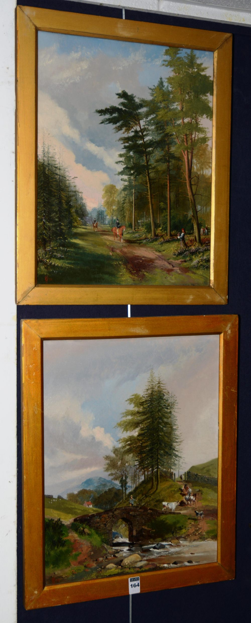 British School
'Riding Through Woods' & 'Droving over the Bridge'
Pair of oil on canvas', canvas