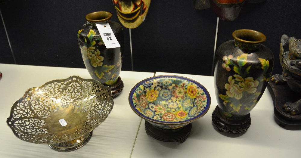 A pair of black cloisonne  vases decorated with chrysanthemums (damage), including a cloisonne