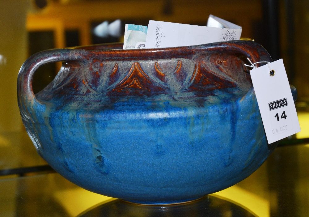 A Denby Stancliffe bowl, with triple handles in blue glaze, signed to base, 31cm diameter