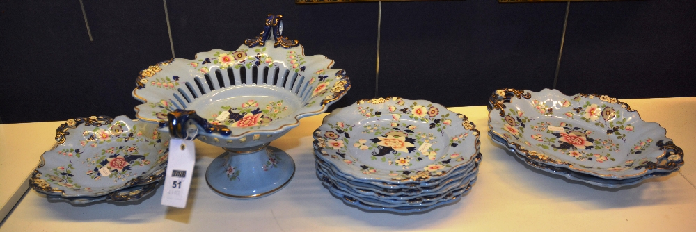 A 19th century part fruit service comprising of plates dishes and tassa, all decorated in pale