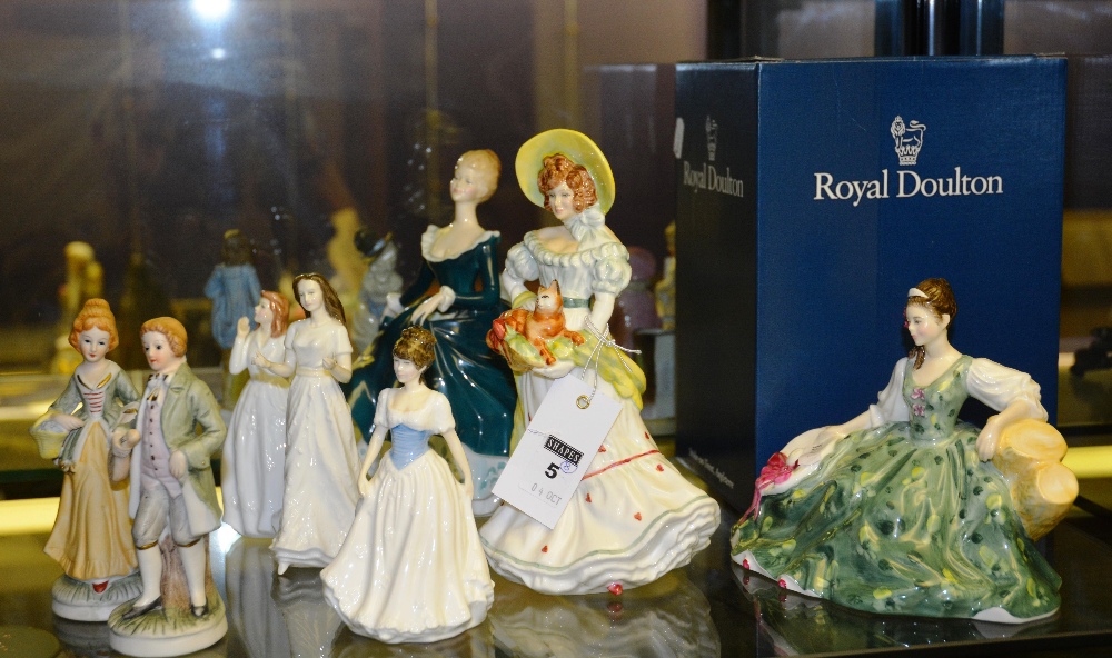 A group of Royal Doulton figures, comprising Janine, Elyse, Jane 1997, Jay, Sentiments Greetings,