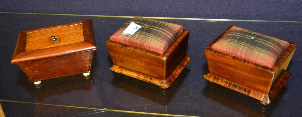 A pair of 19th Century sewing boxes, including a small teacaddy (3)