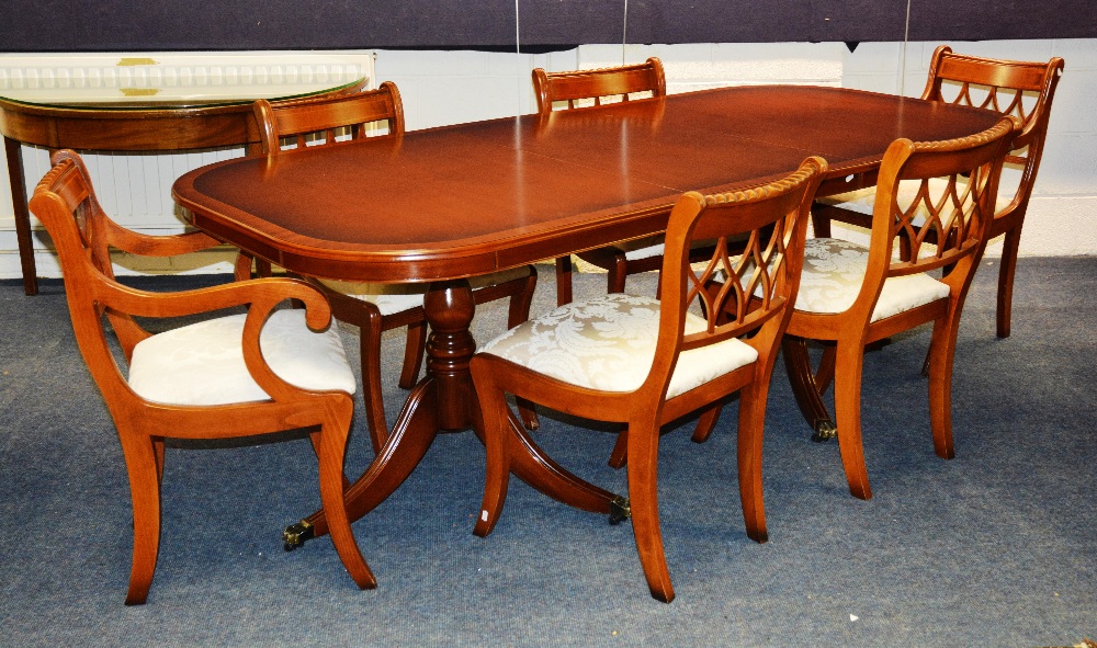 A set of six dining chairs & pedestal dining table, each with boxwood strung top-rail interlaced