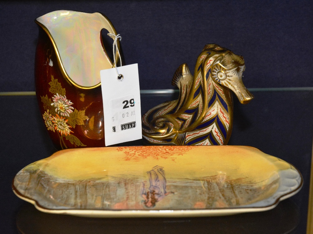 A Royal Crown Derby seahorse, a Crown Devon bud vase and a Royal Doulton Ophelia pin tray (3)