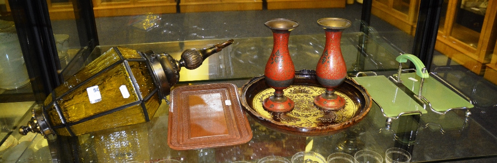 Assorted items including two Indian copper bud vases, two wooden trays, a glass and metal light