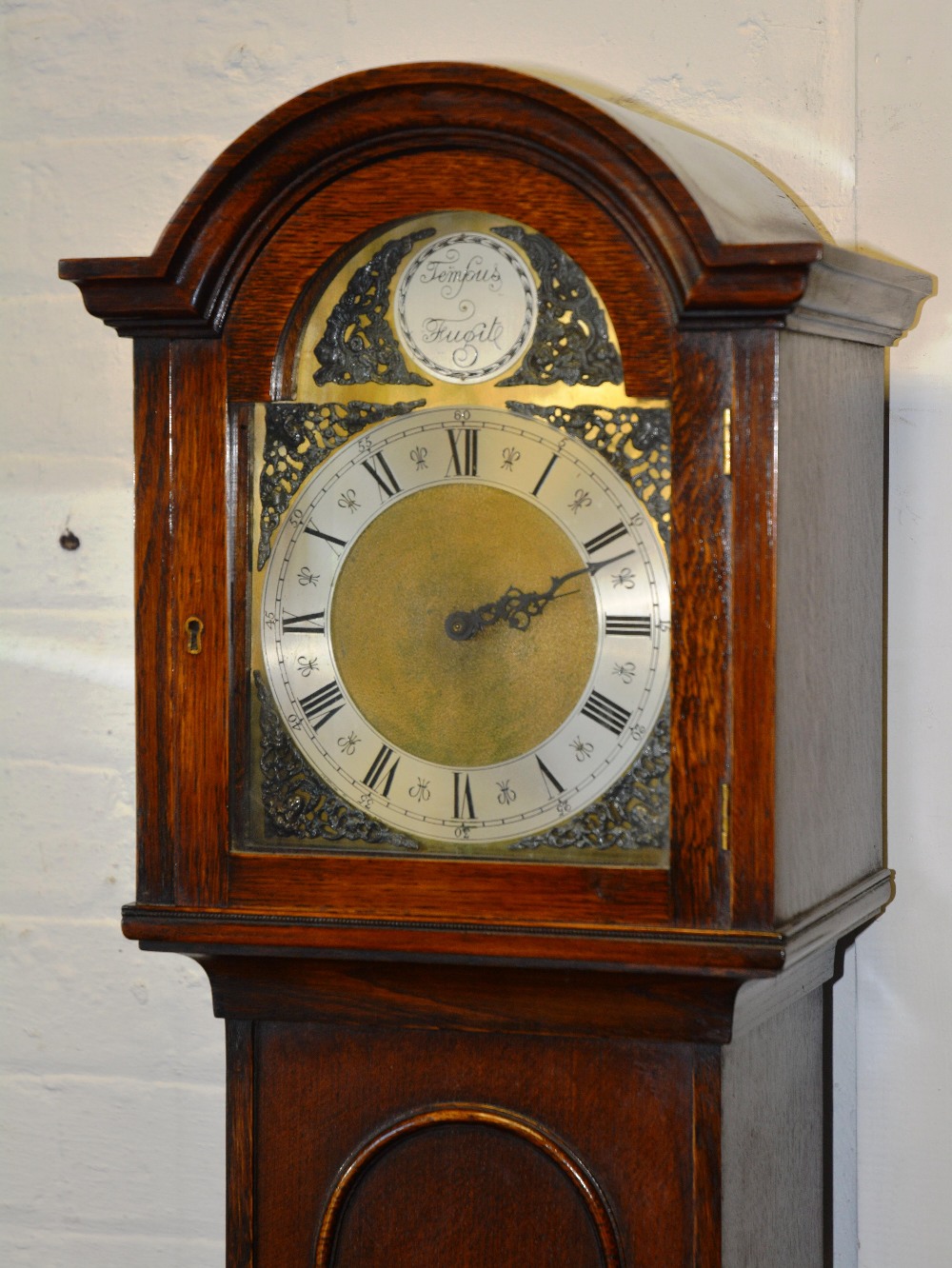 A Tempus Fugit grand mantle clock arched cornice brass face, applied chapter ring and Roman