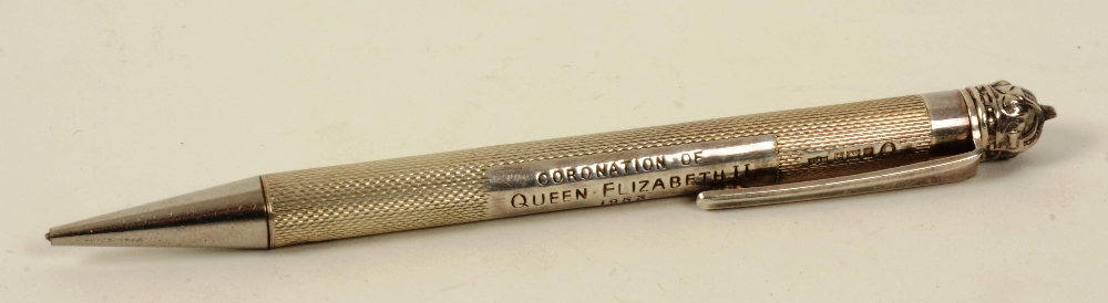 QEII Coronation silver propelling pencil by S.J Rose & Son, Birmingham 1953