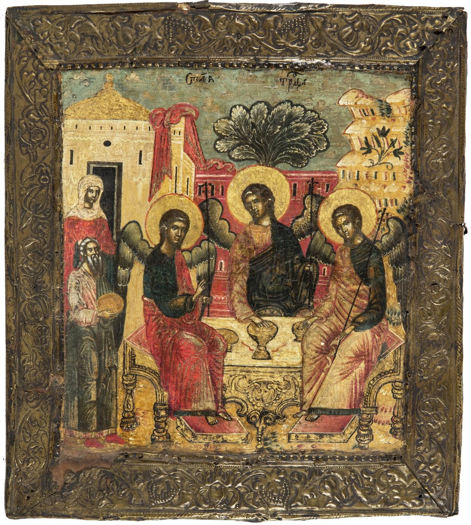 A RUSSIAN ICON OF THE OLD TESTAMENT TRINITY IN BASMA OKLAD, FIRST HALF OF 19TH CENTURY, in brass