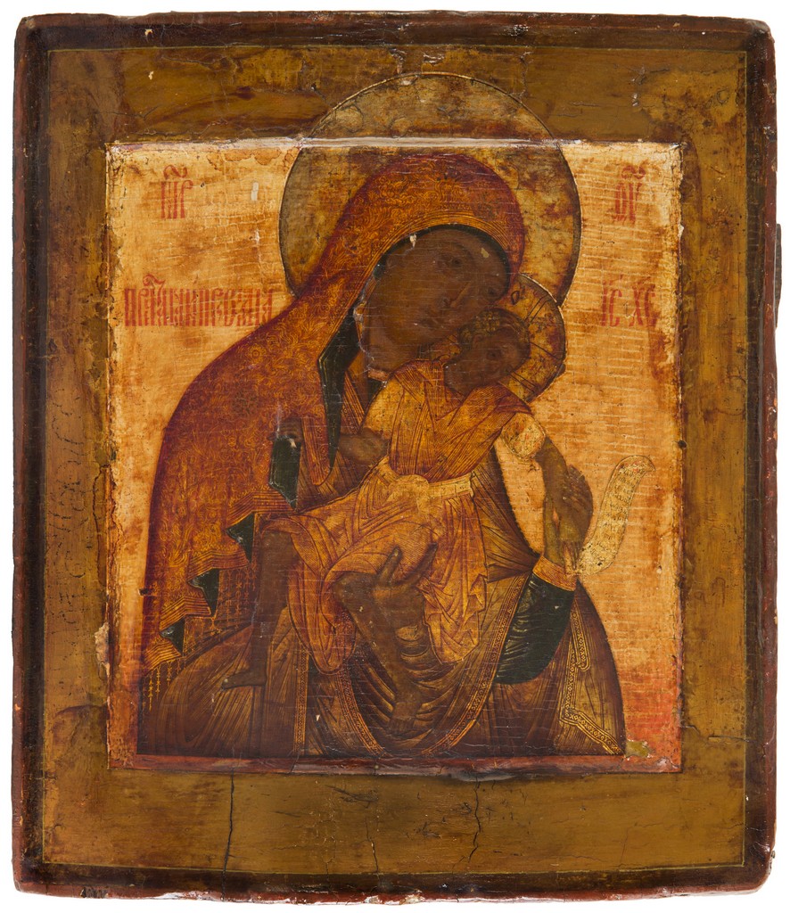A RUSSIAN ICON OF THE MOTHER OF GOD OF KYKKOS (THE MERCIFUL), STROGANOV SCHOOL, 17TH CENTURY, a