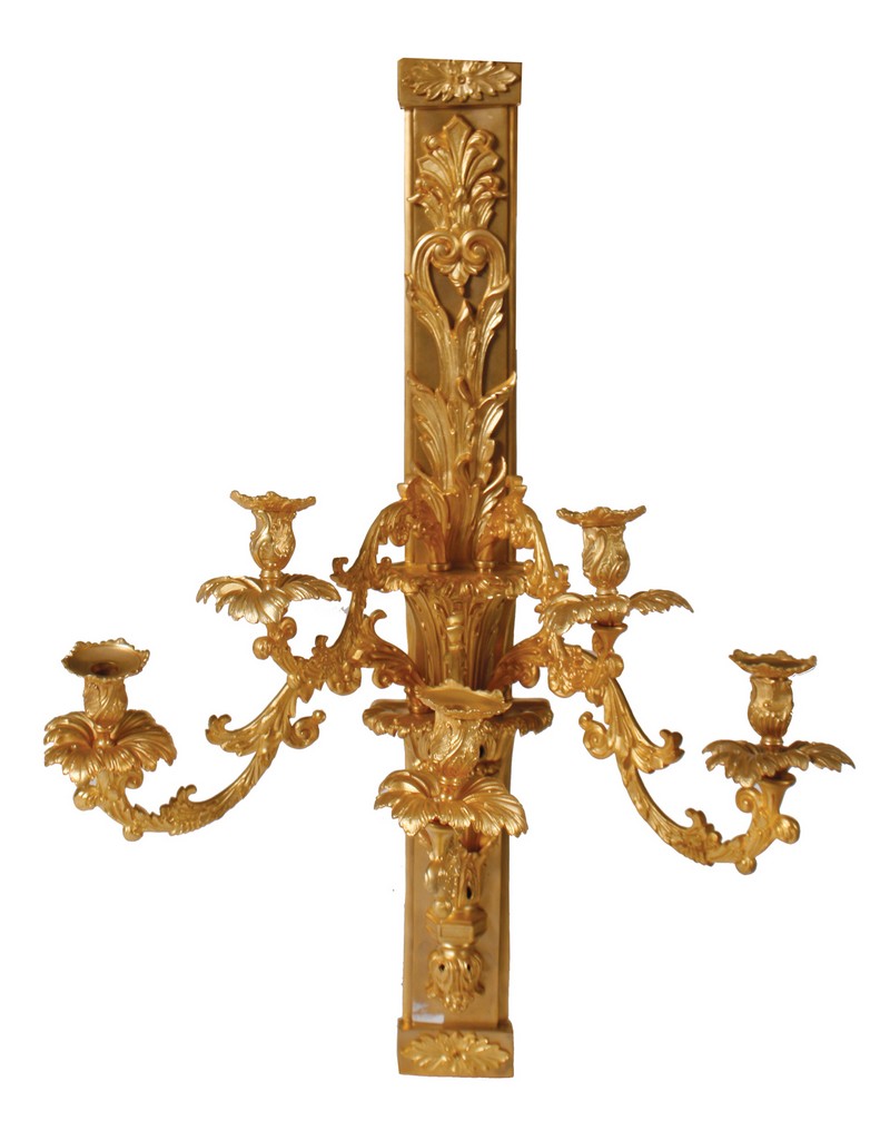 Pair of large gilt metal wall lights each with five scroll arm candle holders 80 cm. high