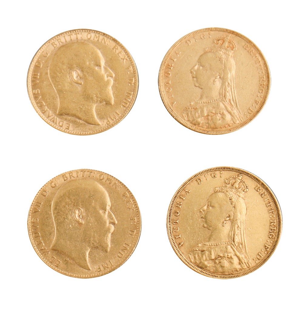 Four gold sovereigns, cased 1890, 1893, 1909, 1909