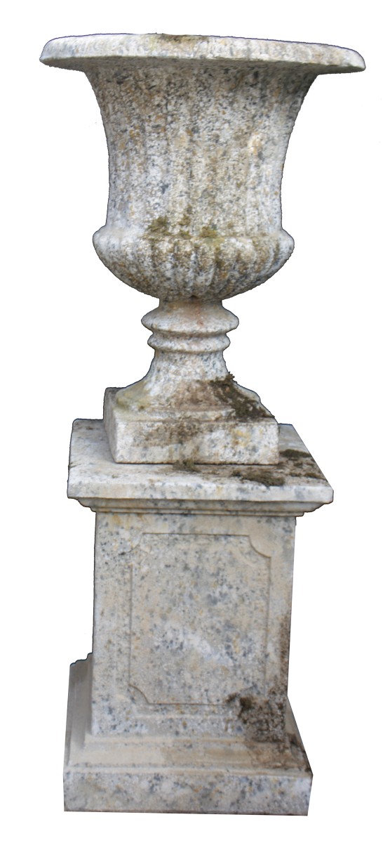 Pair of reconstituted stone classical urns  part of eight urns forming a colonnade
