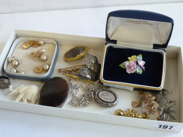 Gold? Tie pins, silver locket, brooches, marcasite etc