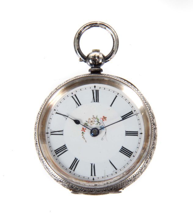 Offene Damen-Taschenuhr Schweiz, um 1900, fein verziertes Gehäuse mit Monogramm und Innendeckel