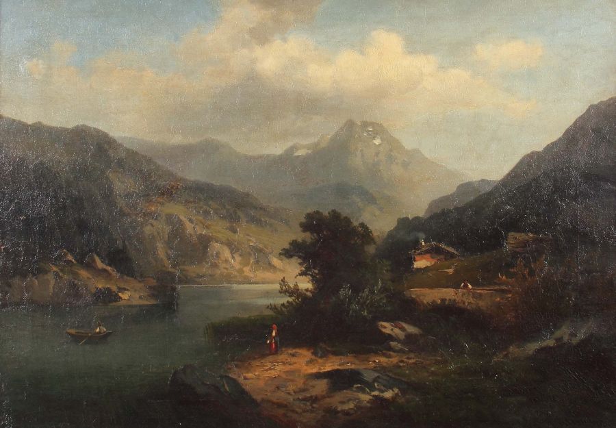 Klemke, H. Maler des 19. Jh.. "Romantischer Bergsee", vor Hochgebirge, auf dem See ein Ruderer, am