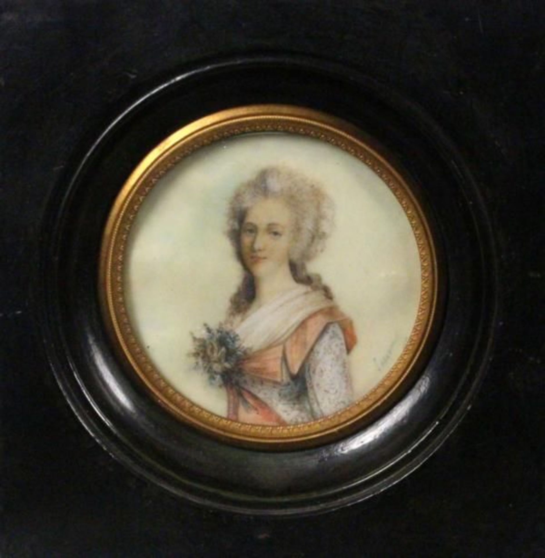 A NOBLE LADY OF THE BAROQUE Miniature on ivory, indistinctly signed, 12x11.5cm with frame.