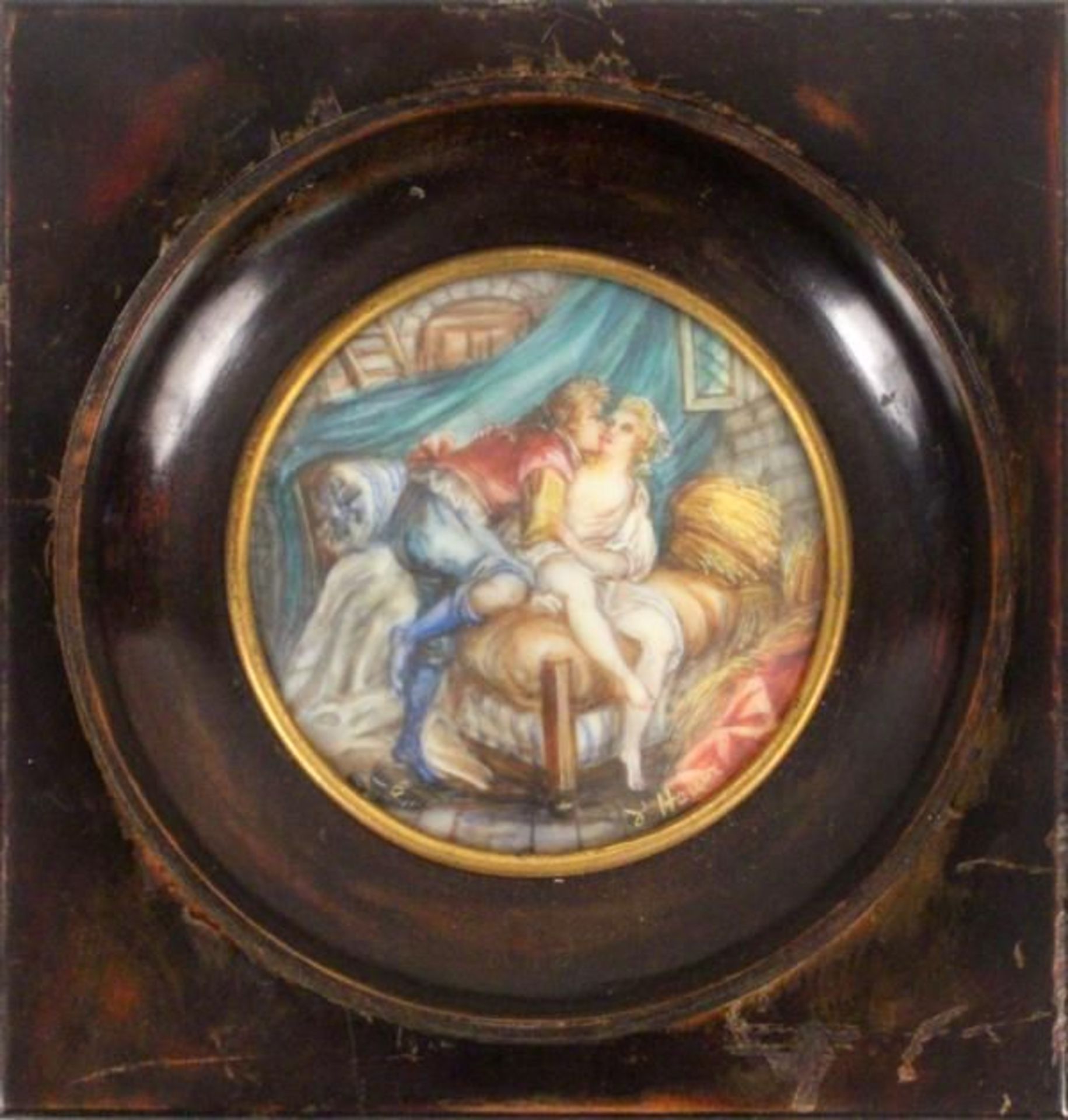 AN EROTIC MINIATURE ''La tendre amitié'' A colourful painted depiction on ivory; signed: d'Houin;