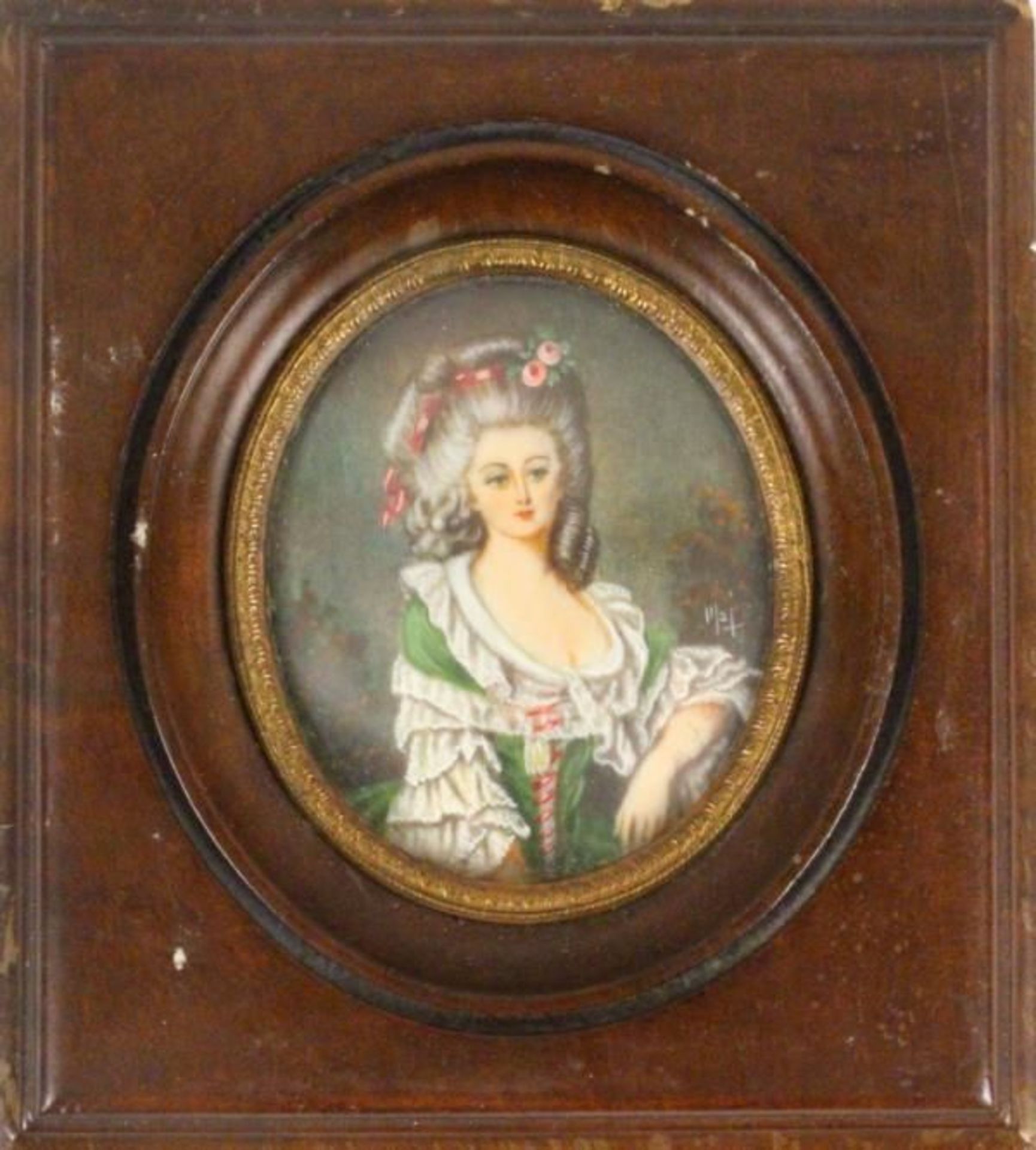 A MINIATURE of an elegant lady de Rococo, colourful painted on ivory, oval, 6.5x5.5cm, with frame:
