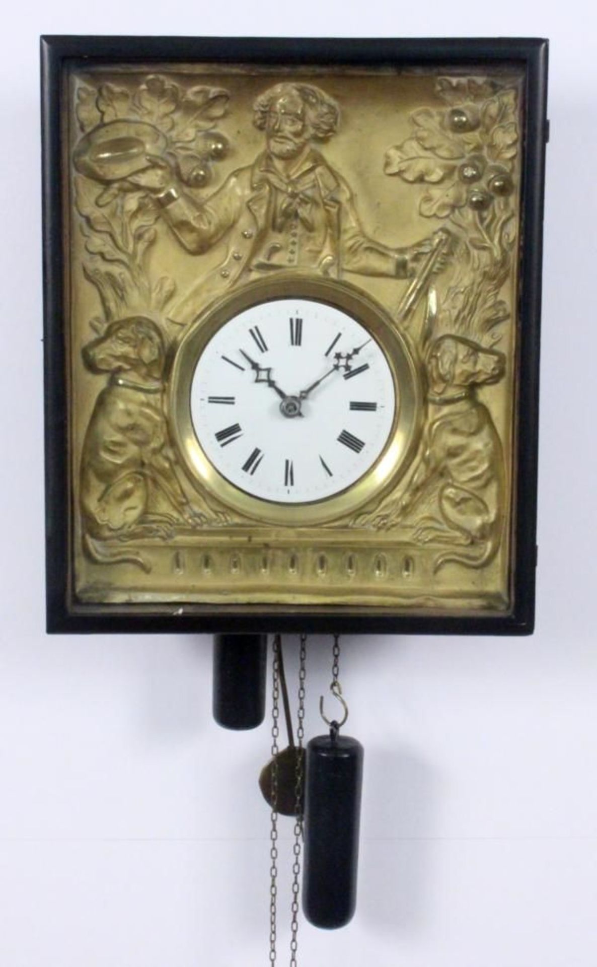 A BLACK FOREST WALL CLOCK 19th century Wooden case with glass front, gilded brass plate with