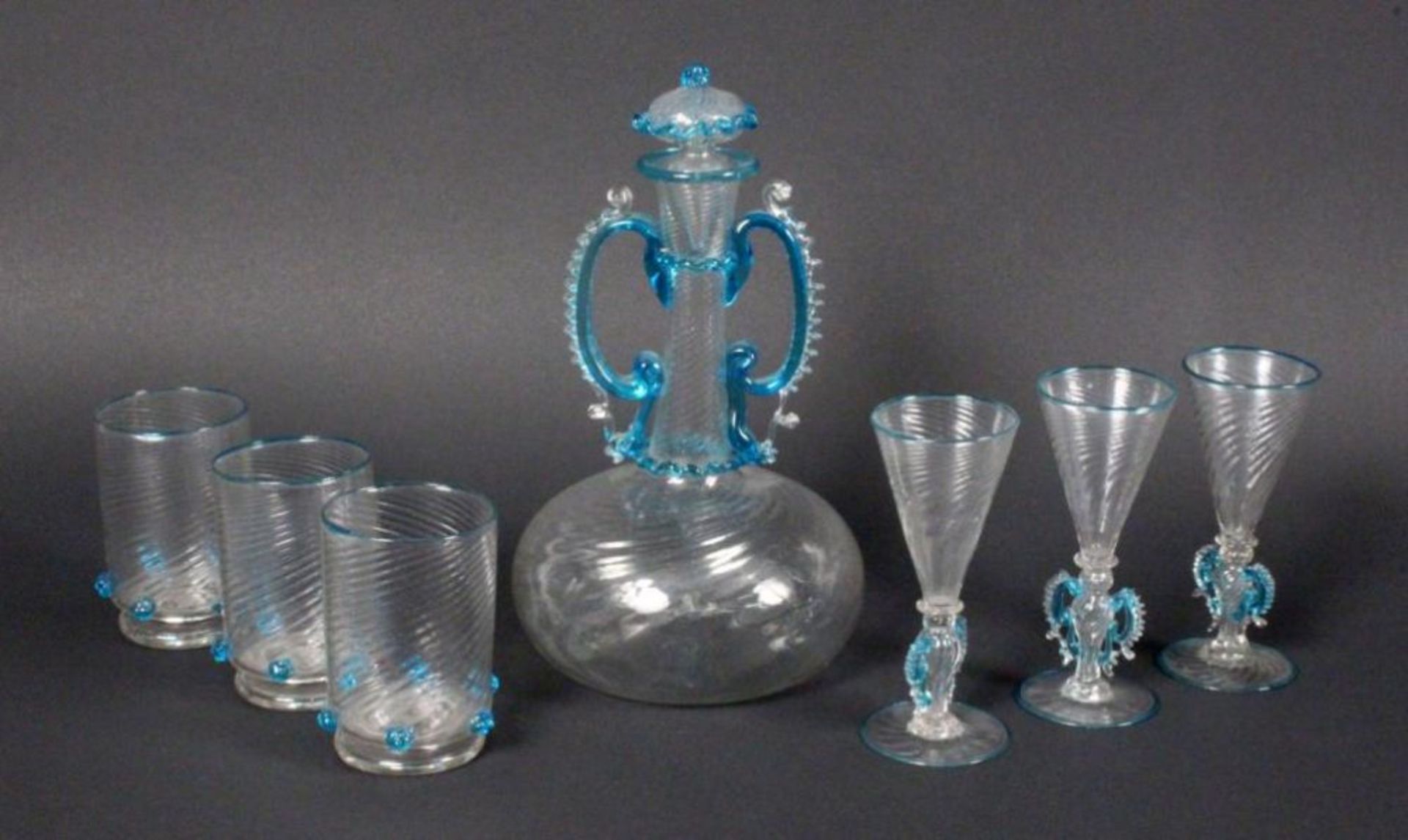 A 19TH CENTURY ART NOUVEAU LIQUEUR SET Colorless and blue glass consisting of a decanter with