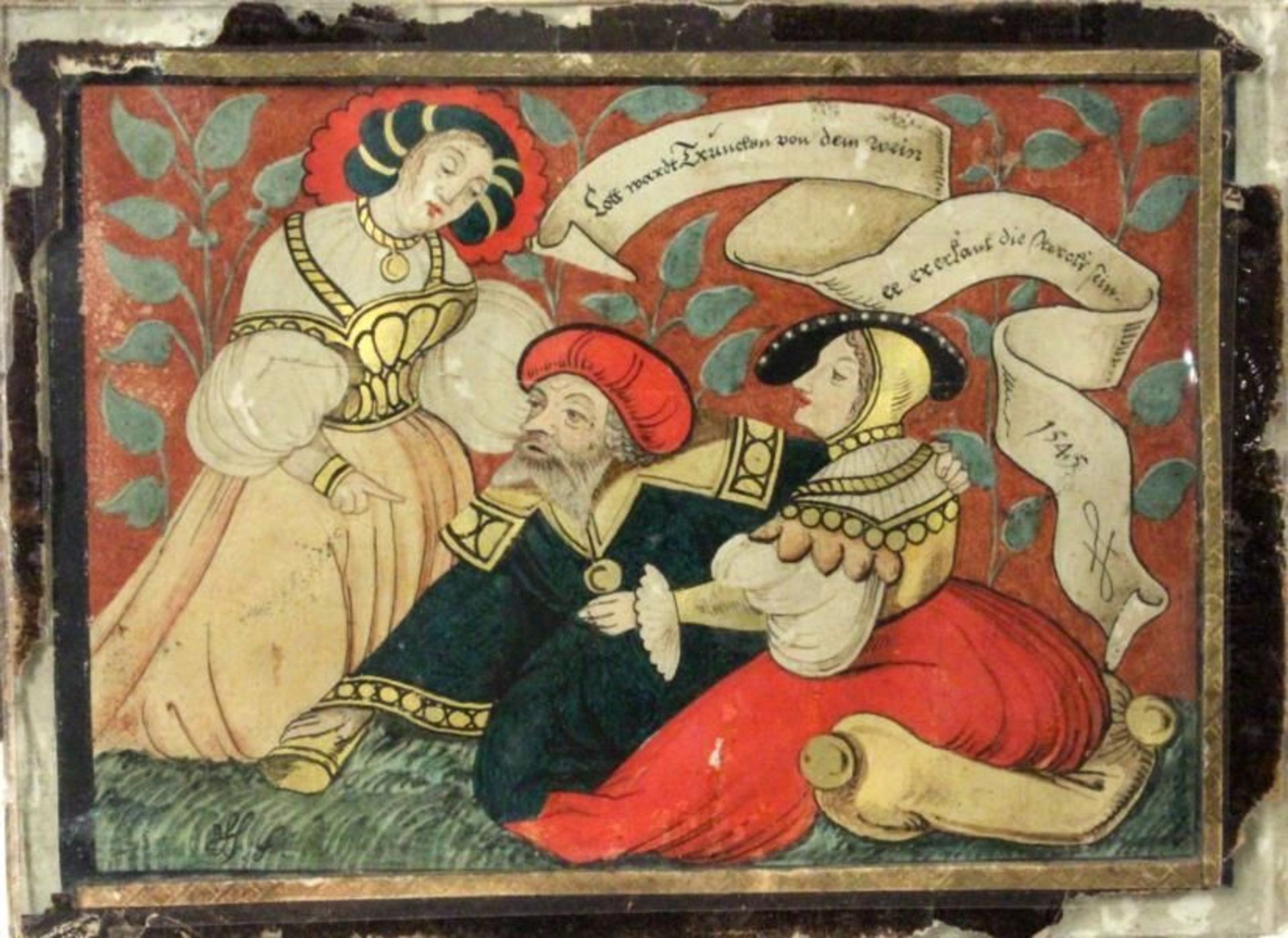 A RENAISSANCE MINIATURE A drunk prince with two ladies; illustration with inscription and date: