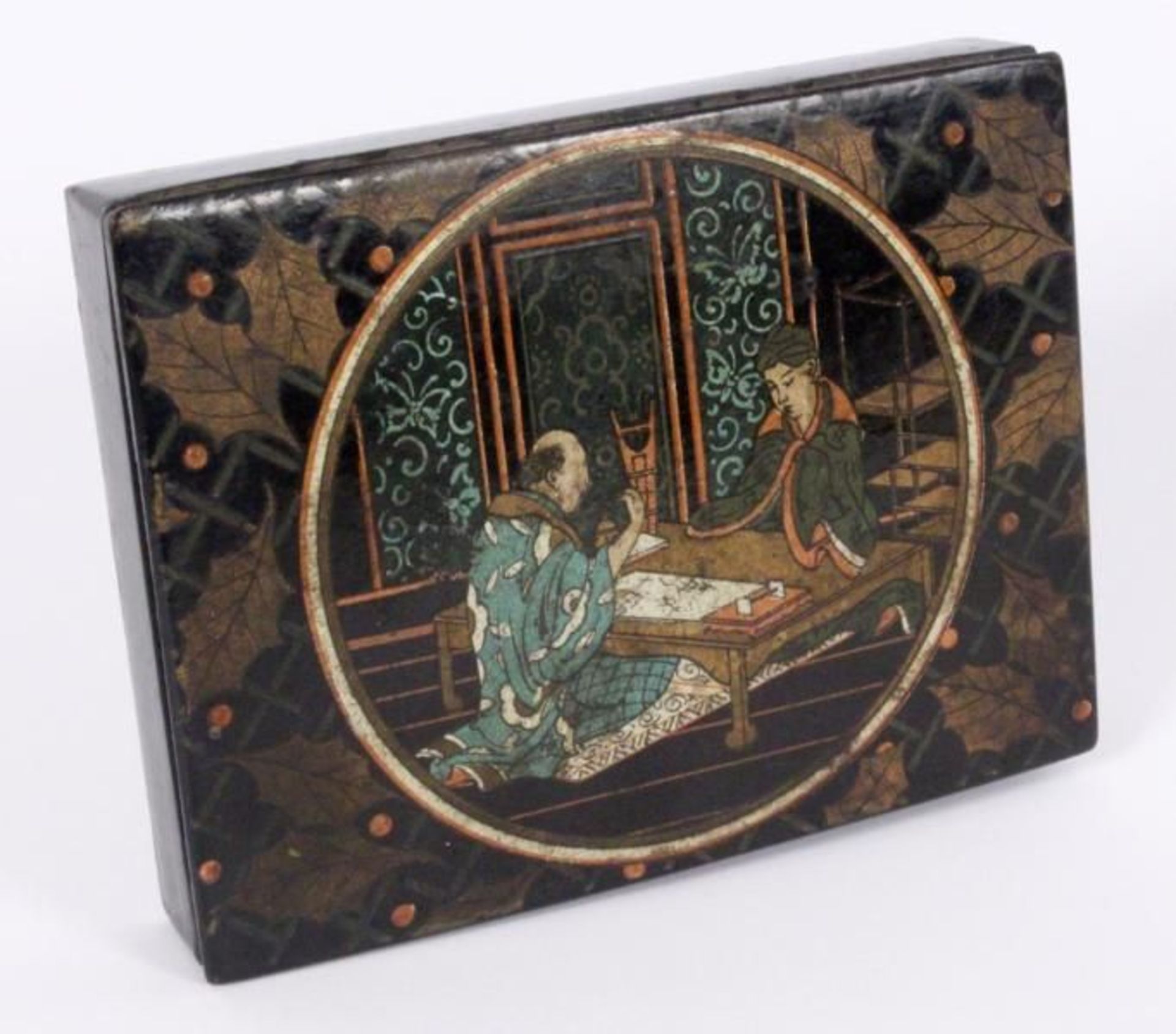 A BOX FOR GAMING PIECES 19th century Lacquer work, colourful painted with Japanese couple playing