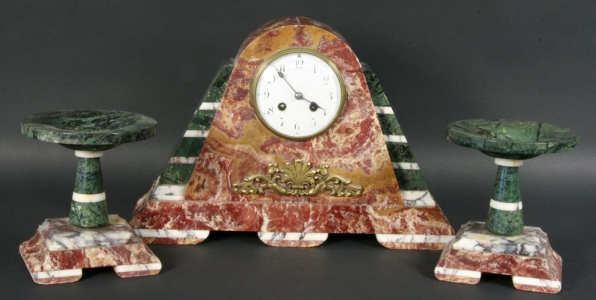 AN ART DECO MANTEL CLOCK GARNITURE France ca. 1925 Different coloured marble casing with two
