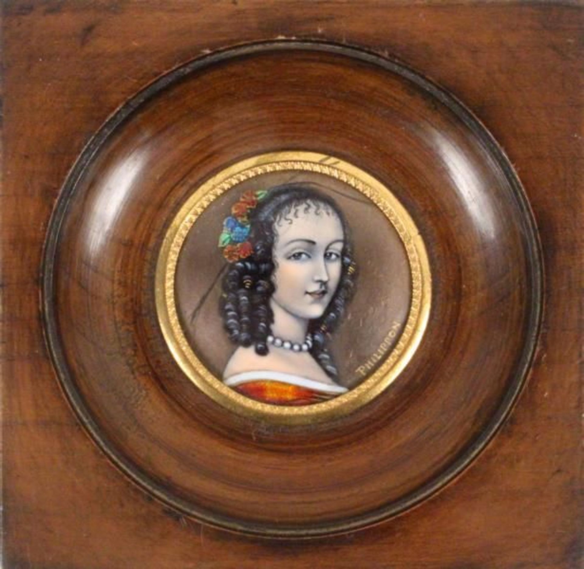 AN EMAIL MINIATURE A portrait of Ninon de l'Enclos, coloured enamel painting, signed: Philippon;