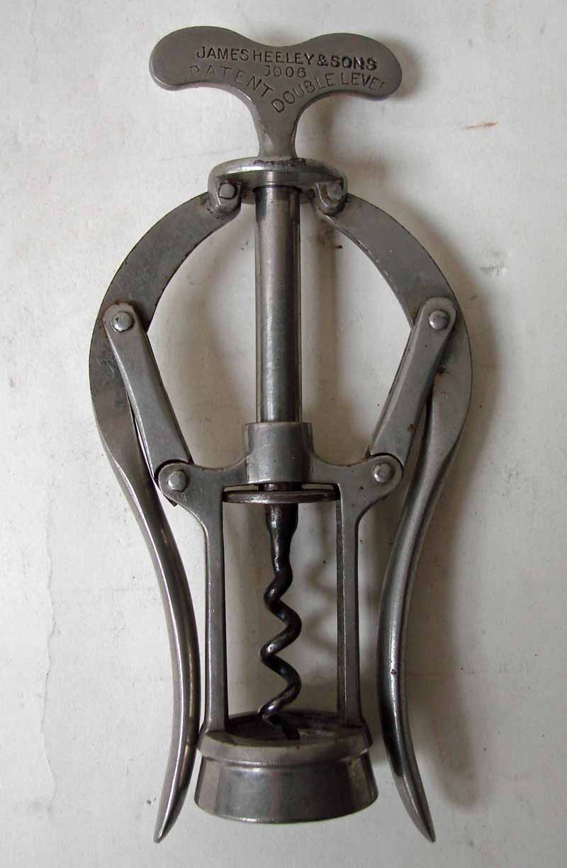 A double lever nickel plated corkscrew by James Heeley, Patent No 6006, 17cm long