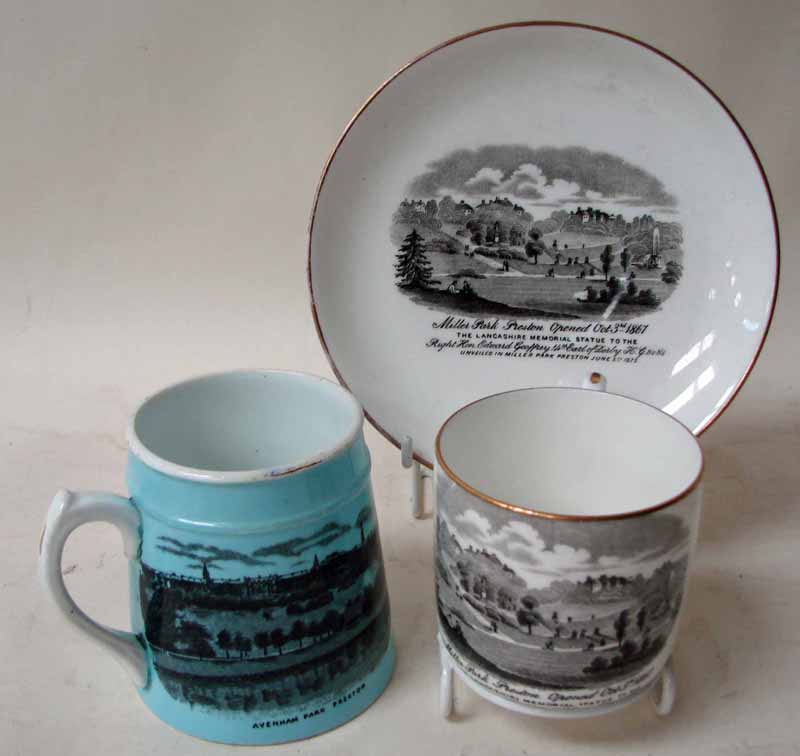 Preston Guild Interest, 1892 small tankard transfer printed with scenes from Avenham Park and