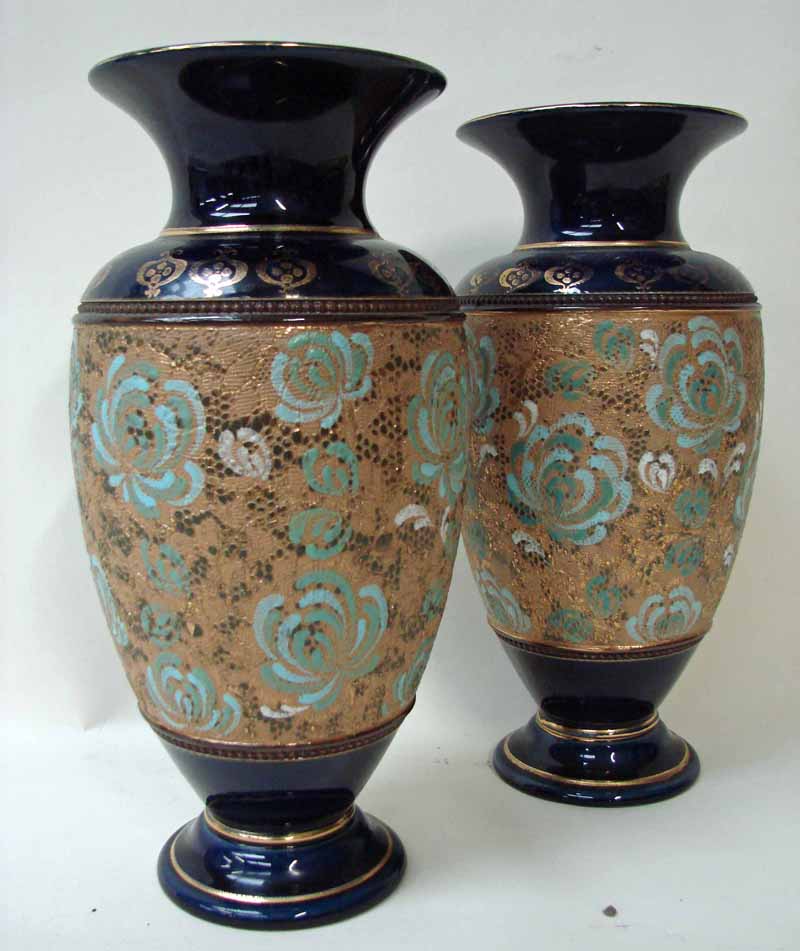 A pair of Royal Doulton Slaters patent vases, ovoid form with everted rims, the bodies impressed