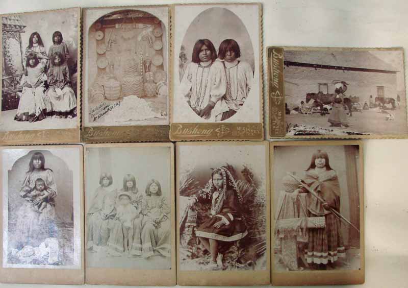 A collection of 8 cabinet cards of Native American Indians, 2 photographs by H Pollard and a framed