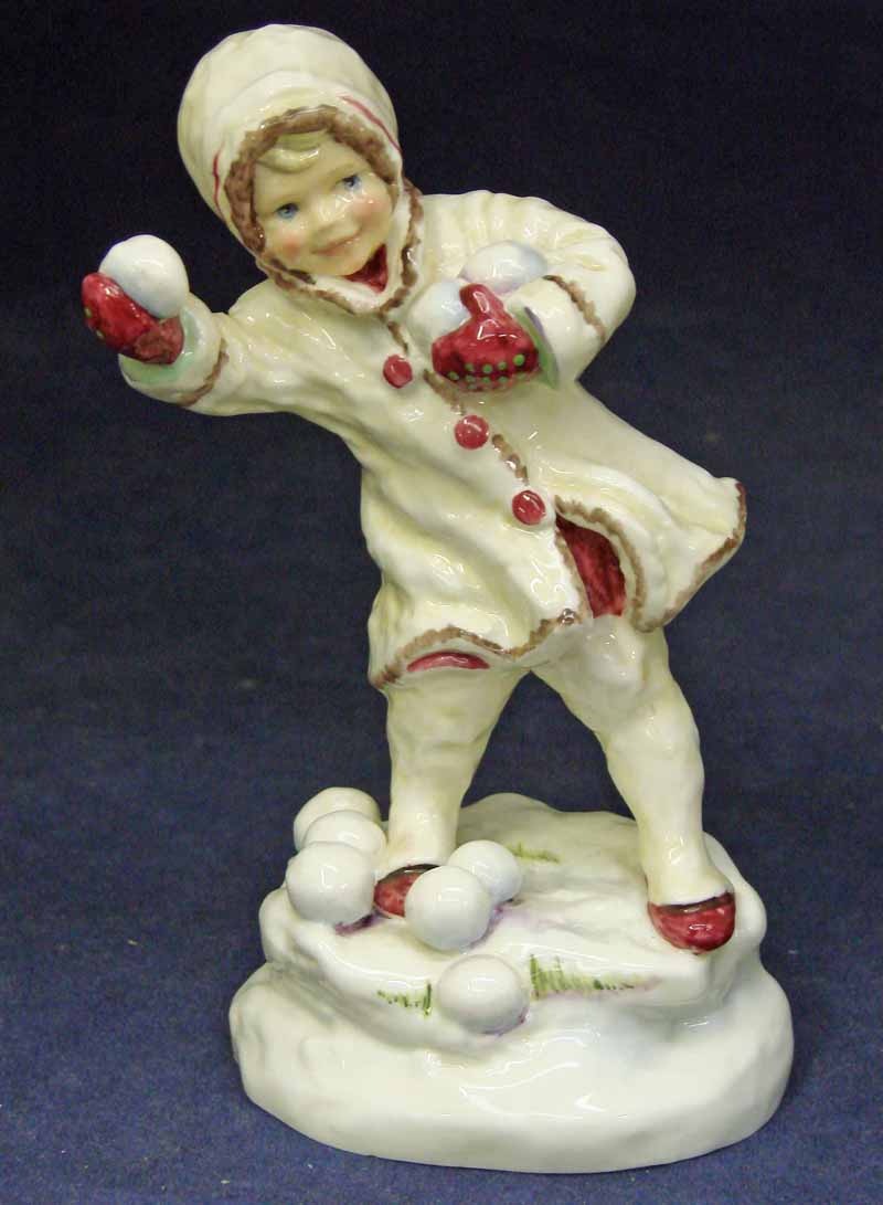 A Royal Worcester bone china figurine, modelled as a young girl with snowballs, titled December,