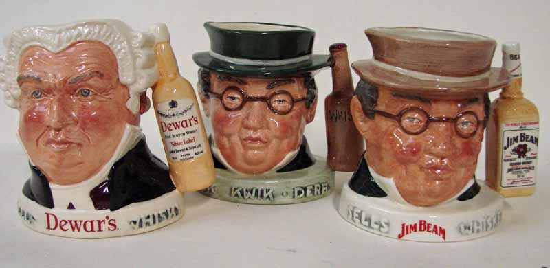 Royal Doulton advertising ware, three small character jugs, made by Pick Kwick Wines and Spirits