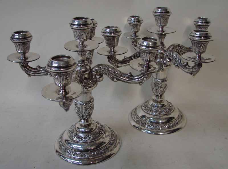 A good quality pair of 20th century Spanish silver five branch table candelabrum, the central