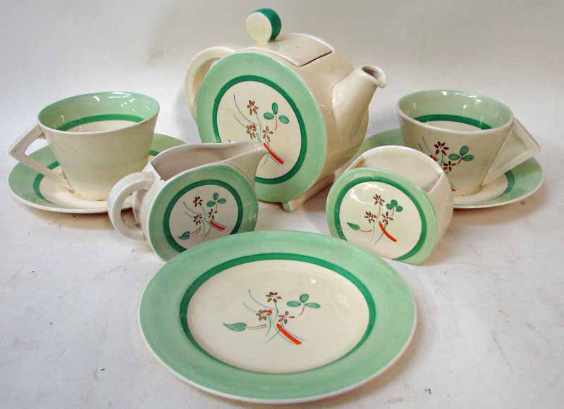 A Clarice Cliff Newport Pottery Art deco tea service for two, eight pieces consisting of teapot;