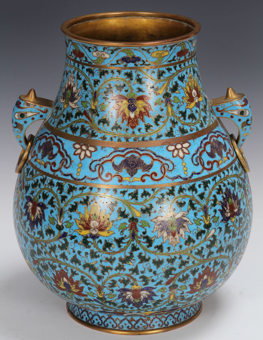 EARLY CHINESE BLUE CLOISONNE TWO HANDLED URN Height-  13"
