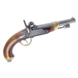 14 bore French Sea Service percussion pistol, brass bound barrel, steel ramrod and lock, brass