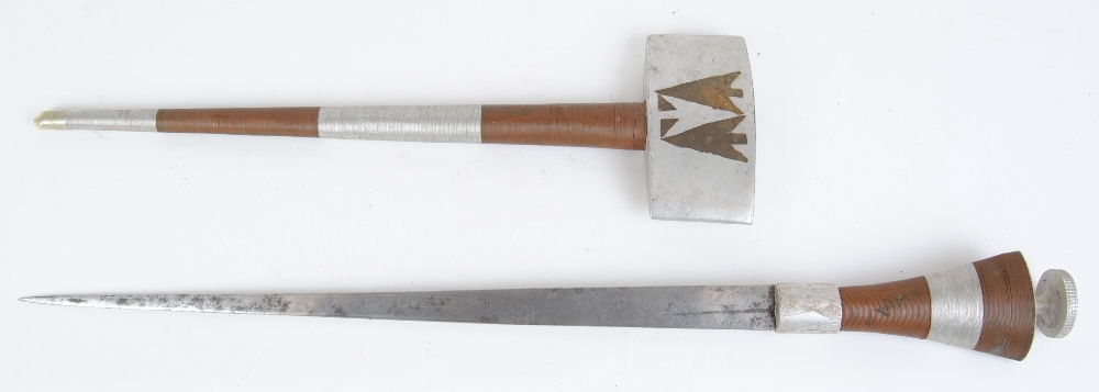 Ethiopian chiefs sword, 15 ins blade, wire bound hilt and scabbard