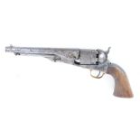 .44 Italian Colt, percussion, black powder, six shot revolver, naval scene engraved cylinder, wood