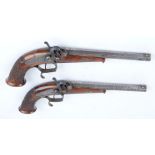 Pair 54 bore German percussion target pistols by G Noack, Berlin, fine rifled damascus half