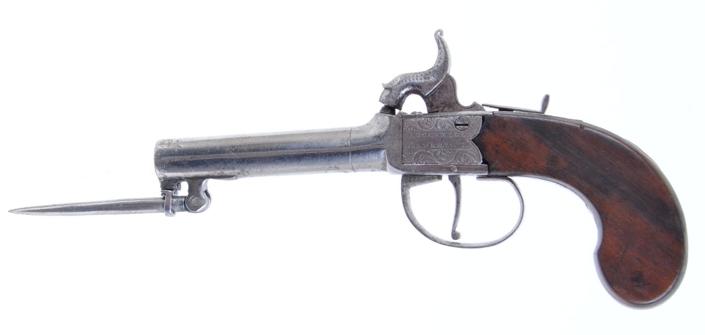 54 bore Percussion pocket pistol, c.1840, with turn off barrel, under barrel spike bayonet (a/f),