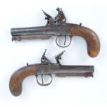 Pair 50 bore Flintlock pocket pistols, 4 ins barrels, with engraved muzzles and captive ramrods,